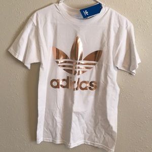 Rose gold foiled Adidas white t shirt NWT
